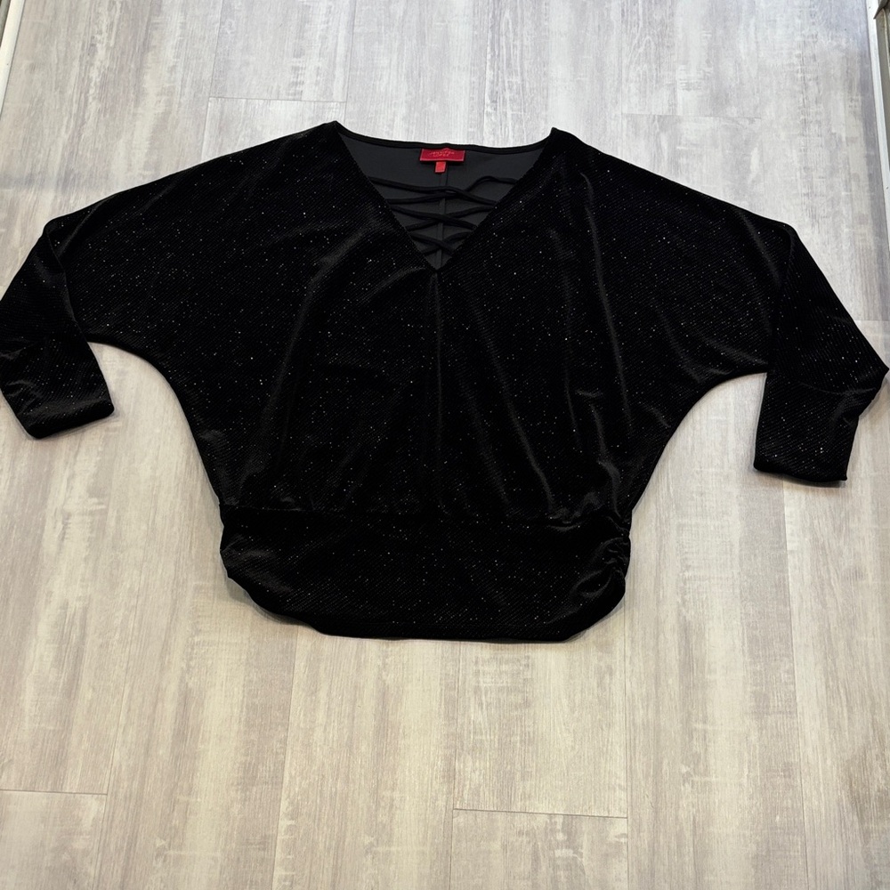 Jennifer Lopez Black Sparkle Blouse Dolman 3/4 length sleeve